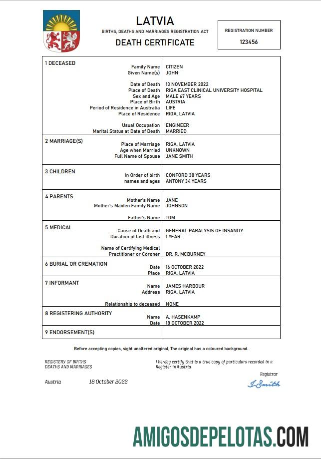 Imprimível modelo Word e PDF de certidão de óbito de registro vital da Letônia